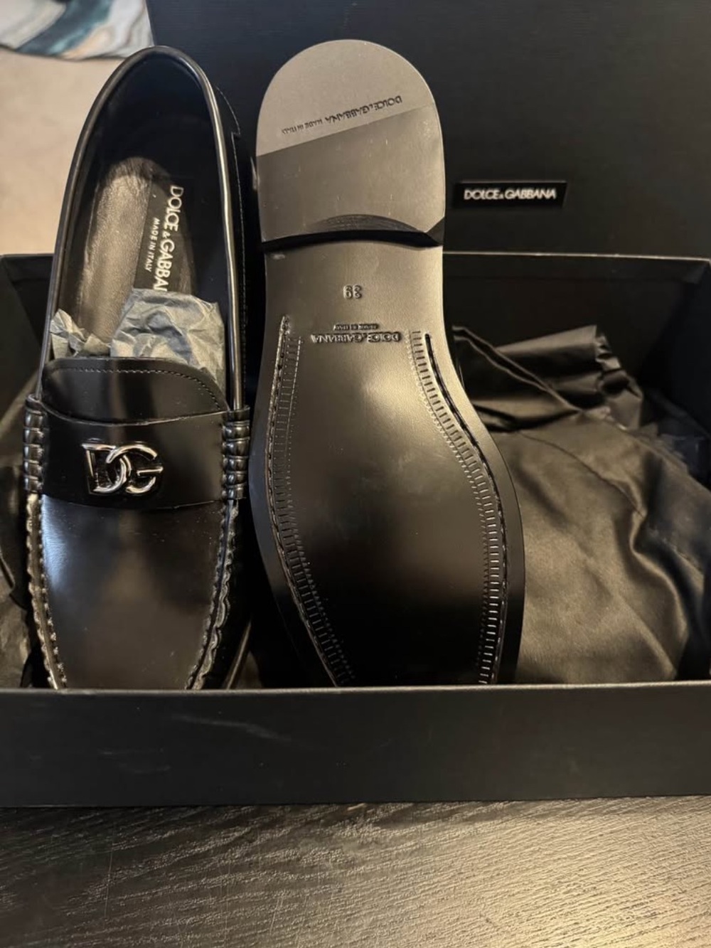 Dolce & Gabbana Black Leather Logo Strap Slip-On Loafers. Woman’s size 9.